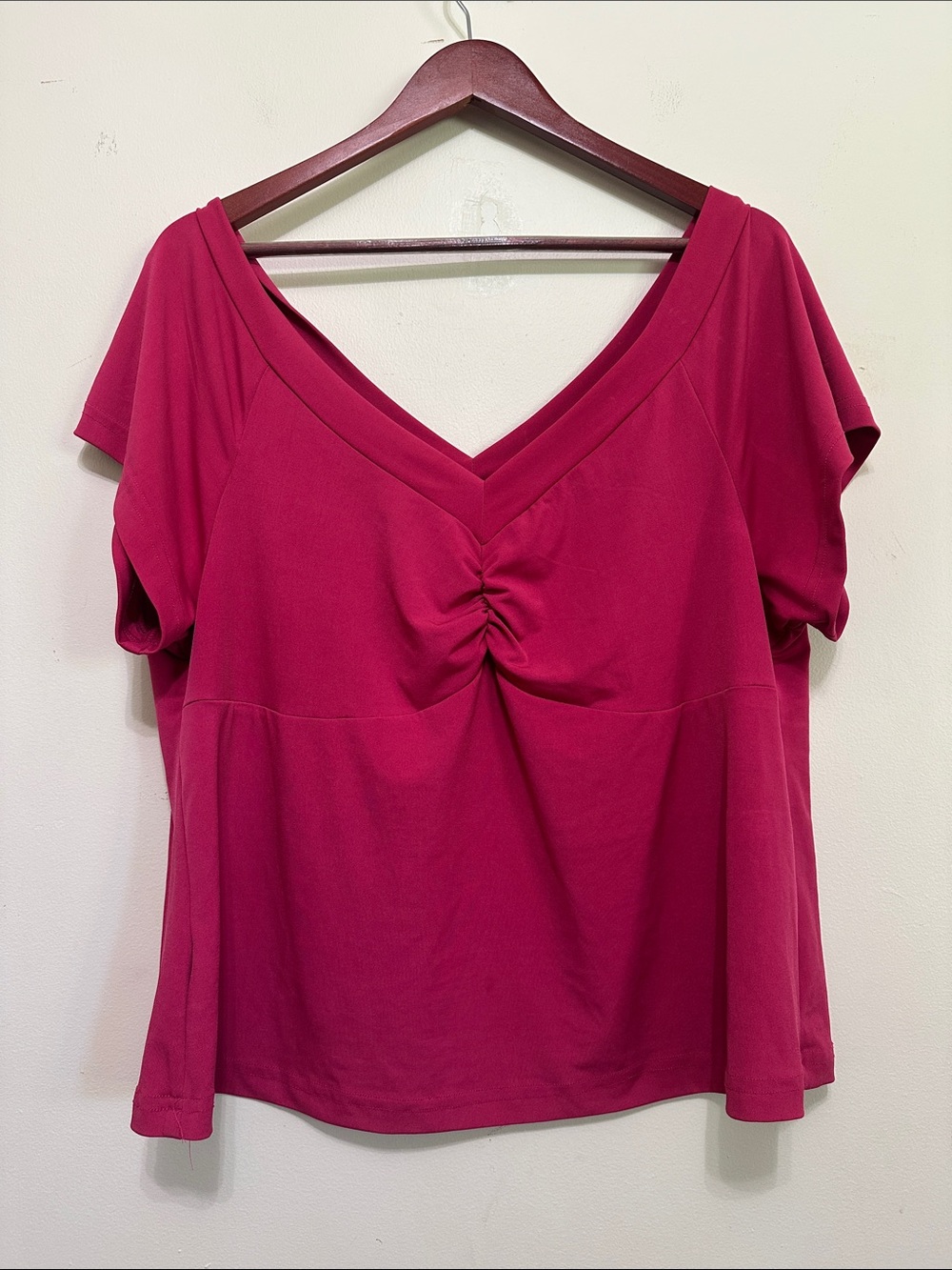 Self Esteem Gathered V-Neck Short Sleeve Top - Fuchsia